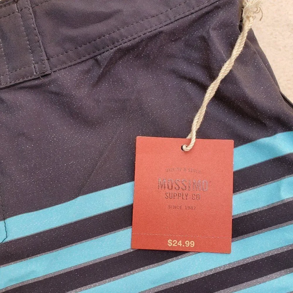 Mossimo black, teal, and gray striped board shorts